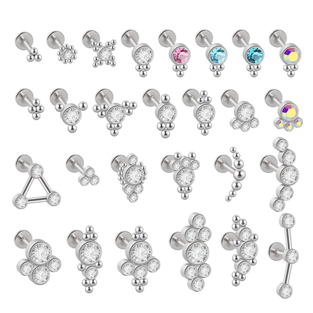 1Pc G23 Tiatnium & Steel Bar Gem Lip Ear Stud Cartilage Helix Lobe Conch Earrings Labret Claster Piercing Studs Earring Jewelry