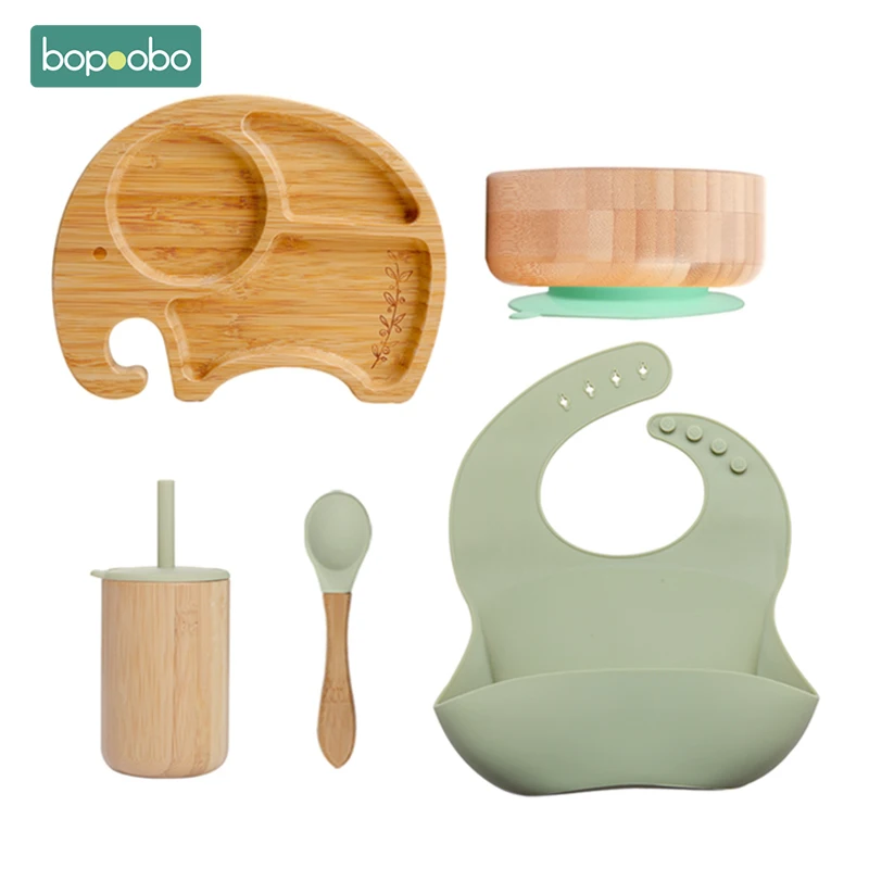 Bobobo 5pc Straw Cup Silicone Bowl Suction Bamboo Wooden Plate Adjustable Bib Wooden Spoon BPA Free Gift Box for Newborn Supplie