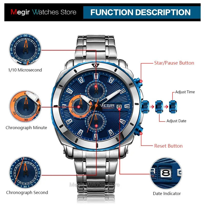 MEGIR Men\'s Formal Dress Quartz Watches Stainless Steel Strap Chronograph Wristwatch for Man Blue Dial Luminous Hands 2075G-10