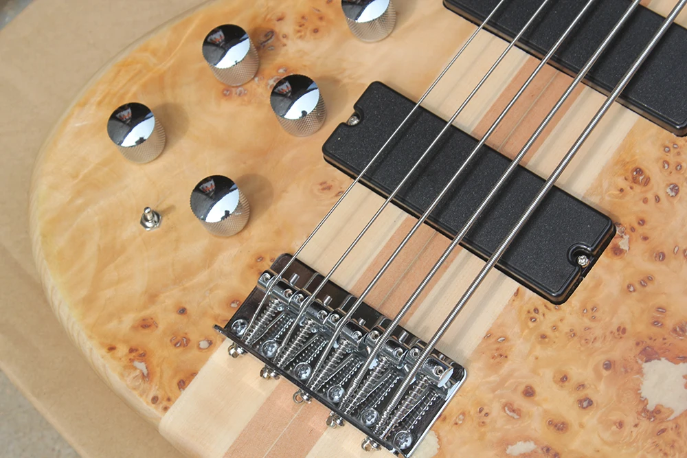 Left Handed 5 Strings Neck-thru-body Electric Bass Guitar with Bark Grain Veneer,Maple Fretboard,24 Frets