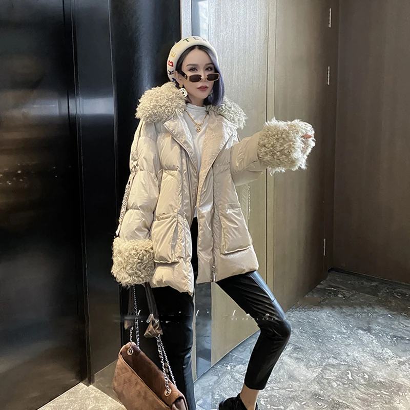 Nature Sheep Curly Fur Collar 90 White Duck Down Coat Women Winter Warm Feather Parka 2024High Grade Fashion Lady Winter Jacket