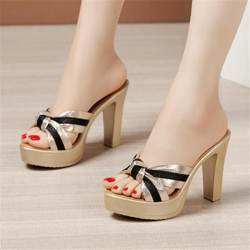 Plus Size 32-43 Open Head Block Heel Platform Slippers Summer  Stripe Elegant High Heels Slides Office Party Shoes