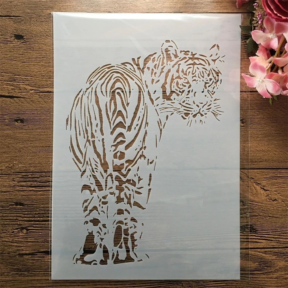 A4 29cm Tiger Looking Back DIY Layering Stencils Wall Painting Scrapbook Coloring Embossing Album Decorative Template