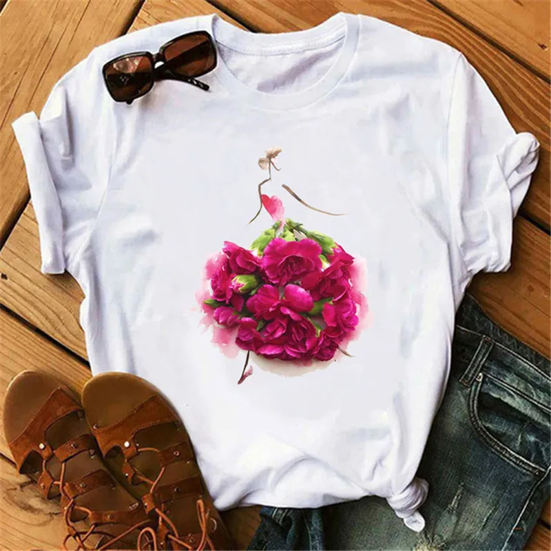 

Red Rose Flower Illustration Skirt Print T-Shirt Women Clothing T Shirt Femme Harajuku Shirt Summmer Tops Female Tshirt