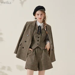 ARTKA 2021 Autumn New Women Suits Vintage Plaid British Style Blazer Jacket 3 Piece Set Woolen Vest Shorts With Belt WA20011D