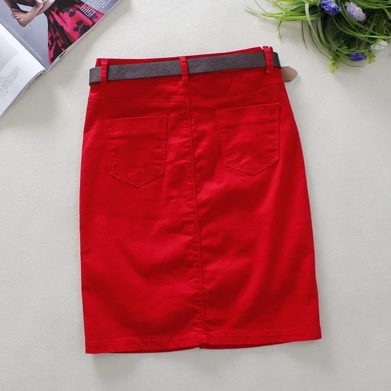 

Red Summer Jeans Skirts Womens Pockets Knee-Length Skirts England Style High Waist Straight Solid Shorts Denim Skirts Lady