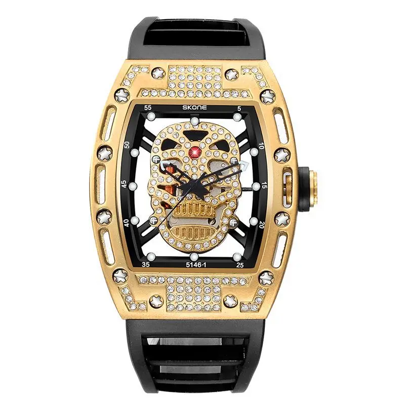 New Fashion Hollow Skull Watch Men Tonneau Quartz Diamond Wristwatch Silicone Strap Outdoor Sports Clock Military Relogio Montre