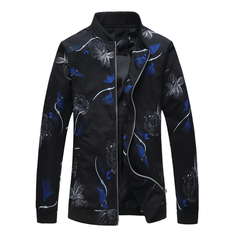 Spring Black Men's Print Jacket, Baseball Collar Zip Switch Coat, Asian Size M-5XL 6XL Fashion Casual Jaqueta