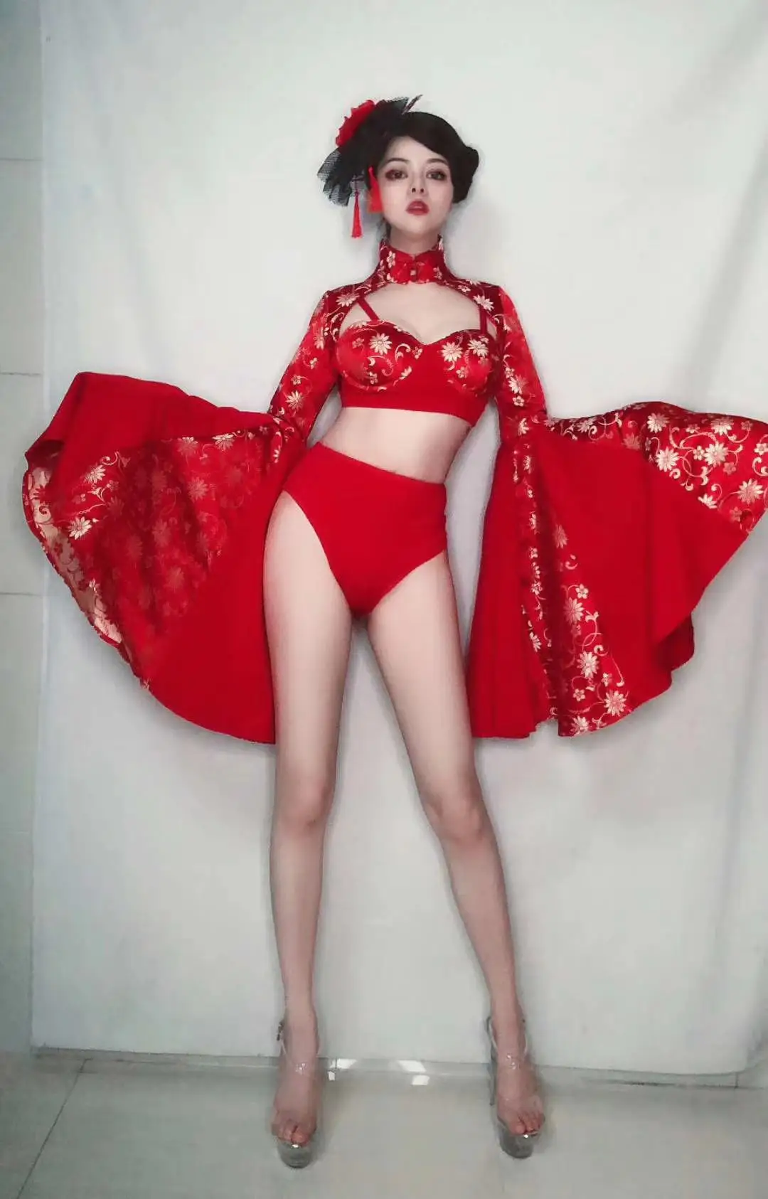 Zestaw bikini z krótkim rękawem w stylu vintage z nadrukiem pagody, kostium do tańca w stylu chińskim, strój sceniczny dla piosenkarki, tancerki, na imprezę w klubie nocnym lub barze.