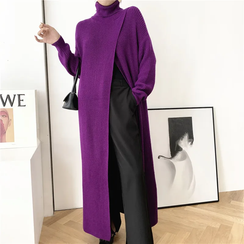 Turtleneck Autumn Winter Sweater Maxi Dress Women Korean Fashion Long Sleeve Knitted Dress Ladies Side High Slit Oversize Dress