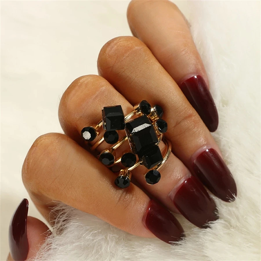 Bohemia Punk Antique Black Crystal Stone Opening  Rings Set For Women Men Adjustable Gothic Statement Party Jewelry Wholesale