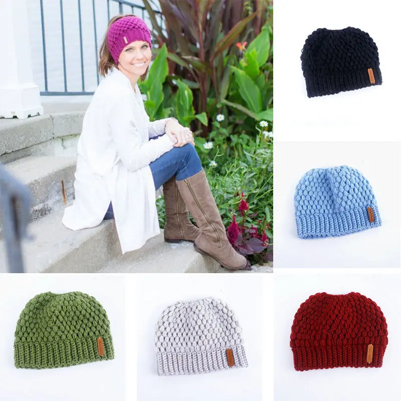 Women Girls New Autumn Winter Warm Empty Top Hat Messy High Bun Ponytail Beanie Stretch Knit Colorful Hole Cap Hot Fashion