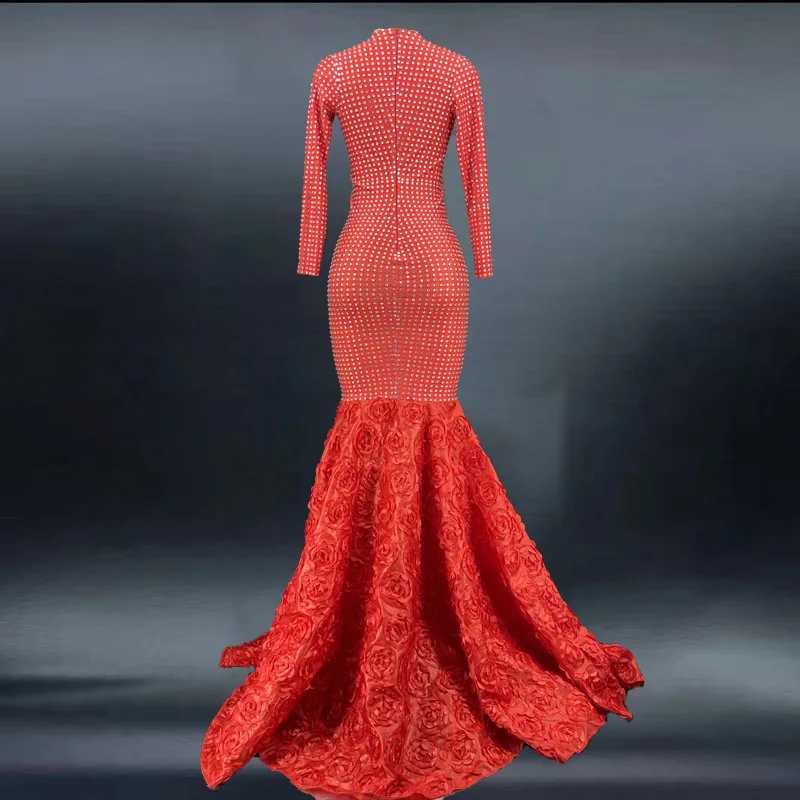 Vestido de mujer con diamantes de imitación rojos, vestido de noche Sexy para baile de graduación, vestido de tren para celebración de cumpleaños, bailarina y cantante