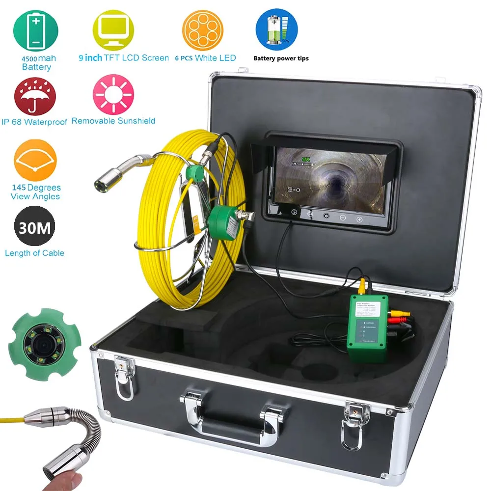 30M IP68 Waterproof Drain Pipe Sewer Inspection Video Camera System 9inch LCD 1000TVL Camera Monitor with 6W LED Night Vision