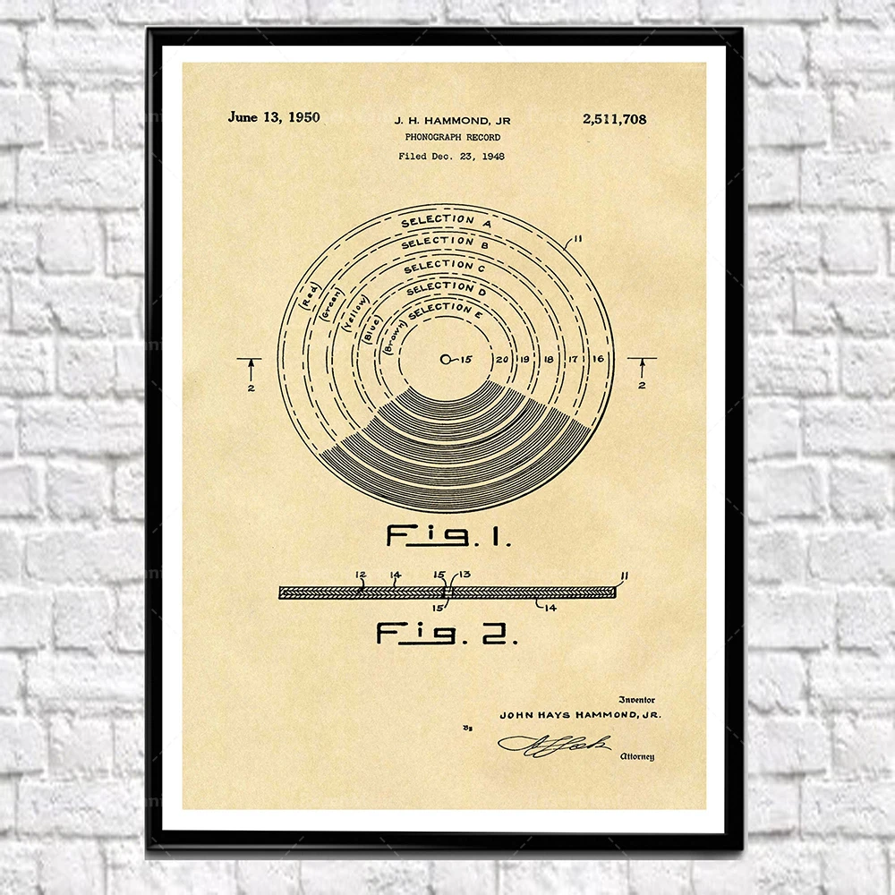 Original Gramophone Patent Poster - Large Retro Music Art Deco Design - Music Lover Gift Idea