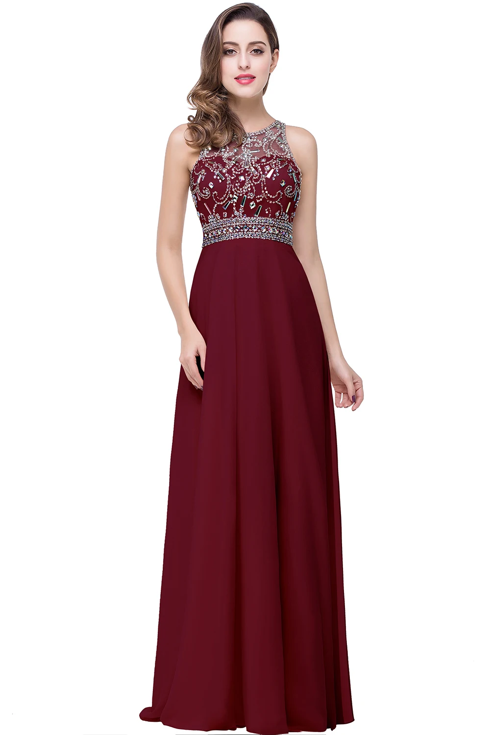 Burgundy Chiffon Long Bridesmaid Dresses 2019 A line Rhinestone Wedding Party Guest Dress Sleeveless vestido madrinha