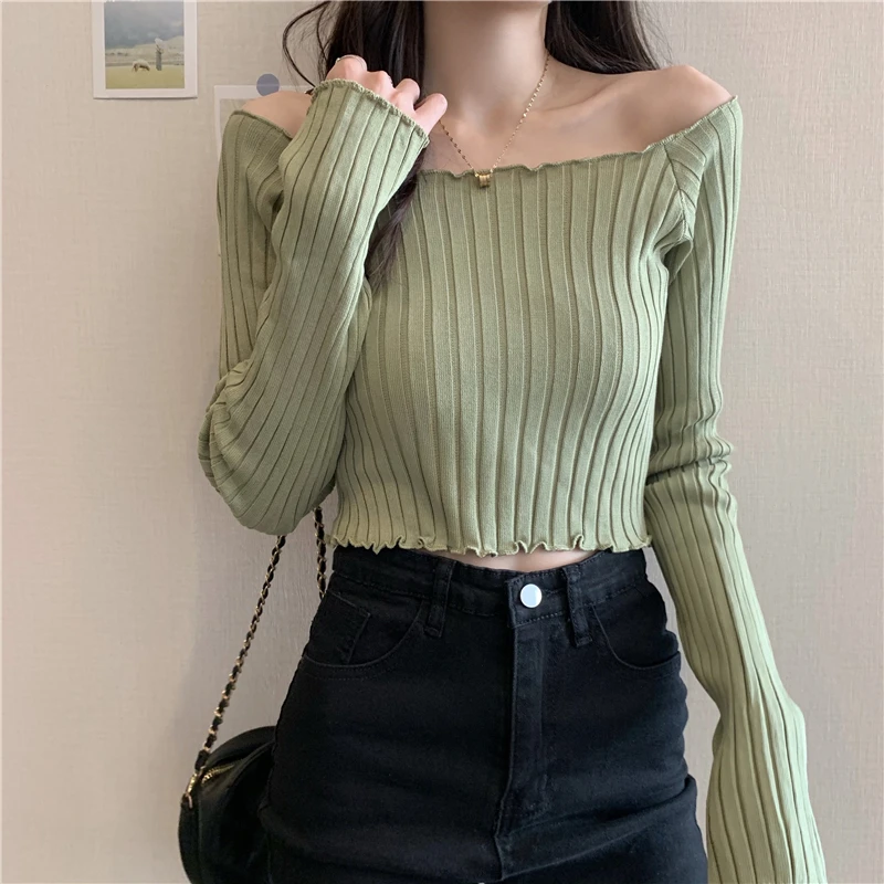 Autumn Slim Pullovers Sweaters Women knitted Full Sleeve Slash Neck Off-the-Shoulder Chic Pullover Sweater Female Real Photos