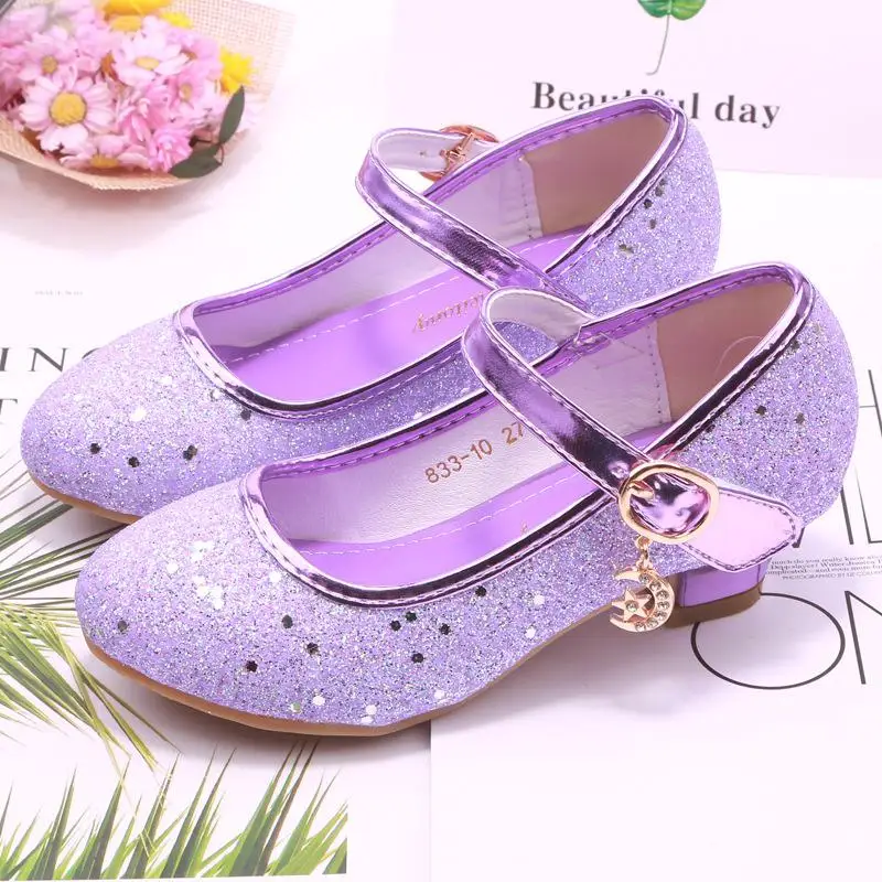 Kinderen Prinses Schoenen student dansschoenen voor Meisjes Hoge Hak Sandalen Jurk Paars Kinderen Lederen Glitter Kristallen Schoenen Banket