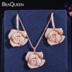 BeaQueen Romantic Rose Gold Color Big Flower Drop Earring Pendant Necklace Set Cubic Zirconia Crystal Wedding Jewelry JS113