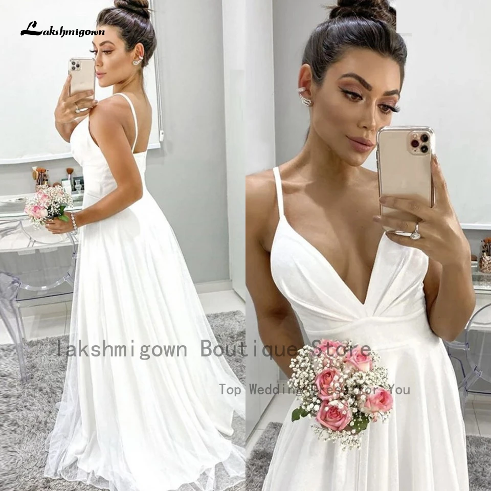 

Lakshmigown Simple Satin A Line Wedding Dress Spaghetti Straps Summer 2022 Velos de Novia Sexy Bride White Beach Wedding Dresses