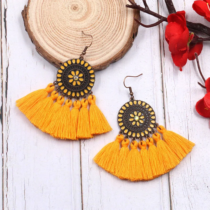 vintage Long Yellow Tassel Earring Crystal resin korean Vintage Big Flower Stud Earrings For Women Christmas earrings