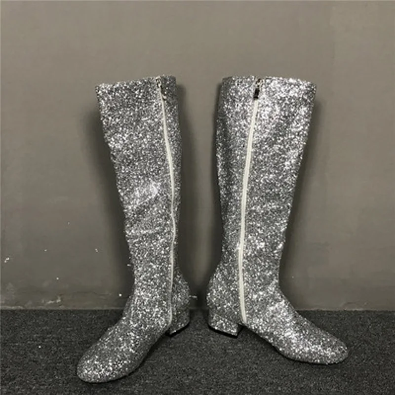 Hot Sale Runway Women Luxury Glitter Rhinestone Embellished Slouchy Pull on Knee High Boots Cone Heel Big Size Drop Shipping