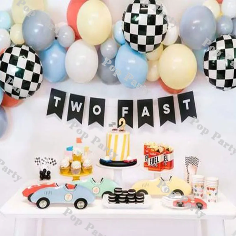 Racing Car Balloons Garland Kit Birthday Kids Boys Party Blue Yellow Balloon Arch Baby Shower Checkered Supplies White Globos