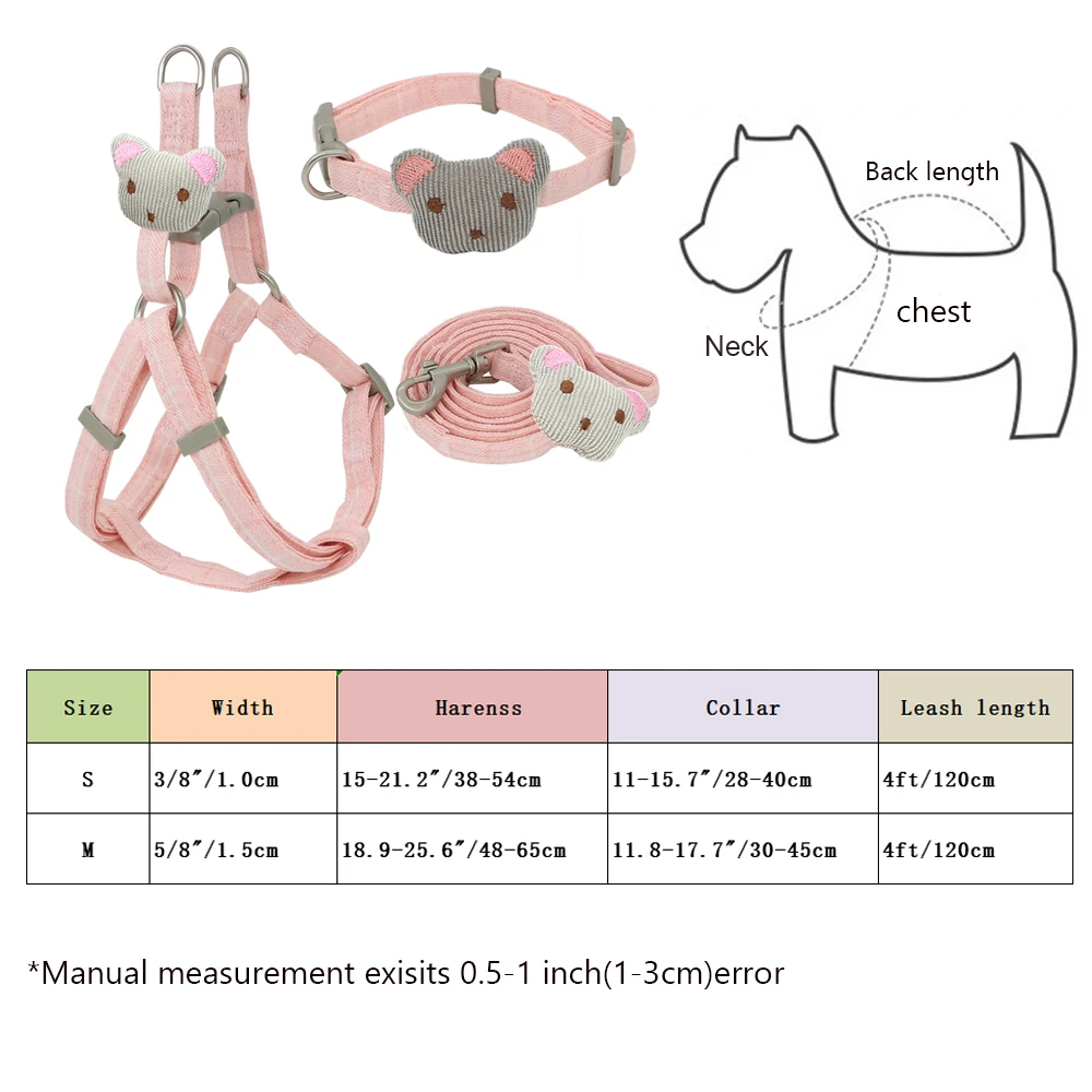 Adjustable Soft Dog Harness and Leash Collar Set, Cartoons Bear Harness for Small and Medium Pets, Cat Collar, Outdoor Walking