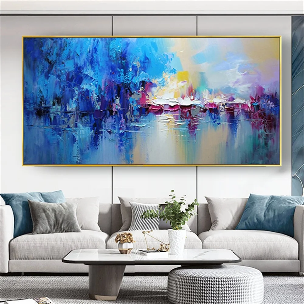 

100% Handpaint Oil Paintings On Canvas Wall Art Abstract Blue Rendering Of Riverside Scenery Poster For Living Room Decor Mural