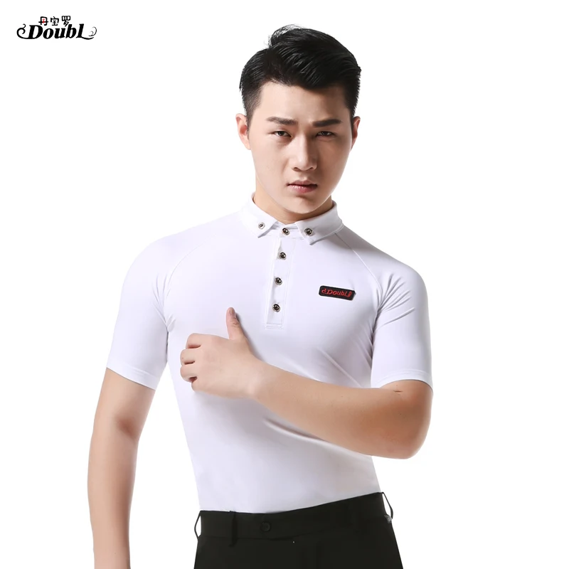 Doubl-Camiseta de manga corta con botones para hombre, camisa de práctica de baile de salón estándar, Tops modernos, disfraces de baile latino para adultos, blanco y negro