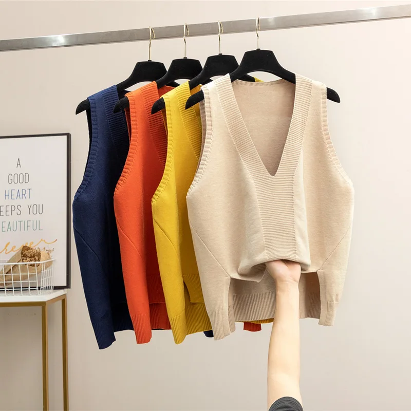 Autumn Winter Y2k V-neck traf Knitted Sweaters Vests Korean Sleeveless Top Solid Vest Wear Woman Sweaters pull sans manche 2021