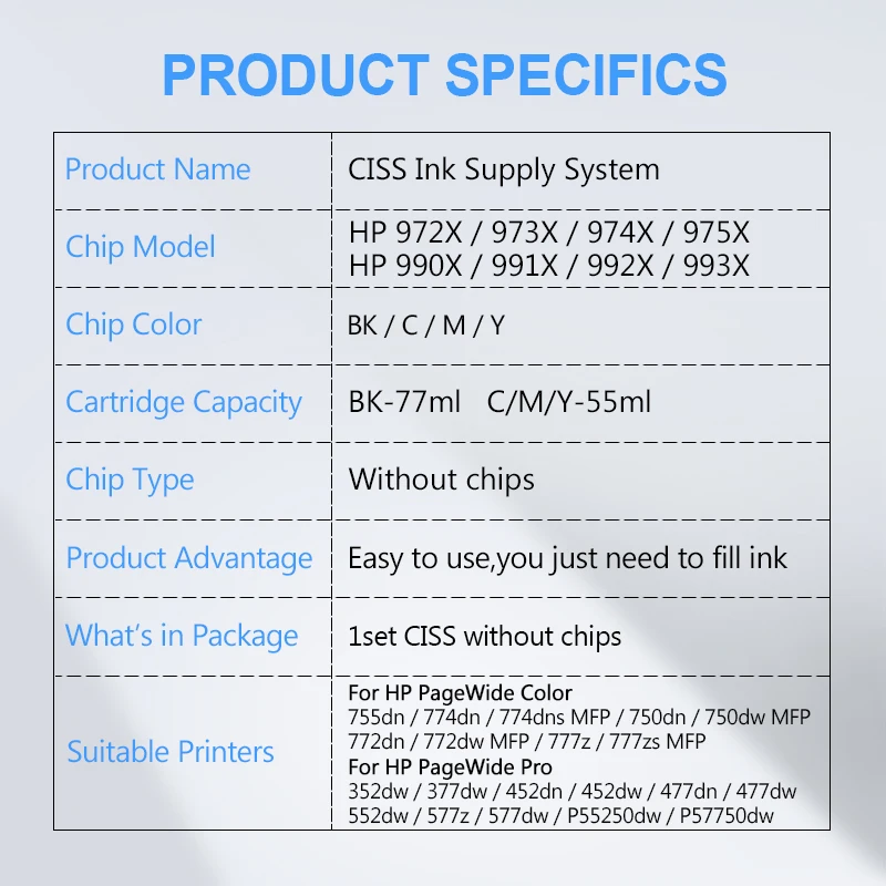 CISS For HP 972X 973X 974X 975X 972 973 974 975 990 991 992 993 990X 991X 992X 993X Continuous Ink Supply System Without Chips