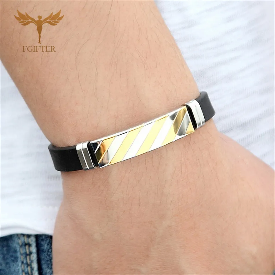 Gold Color Striped Bracelet Stainless Steel Accessories Business Men Wristband Silicone Bangle Charm Men's Cuff Jewelry