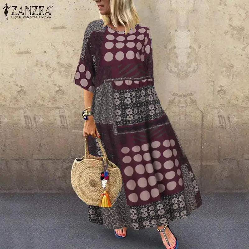 2023 ZANZEA Vintage Printed Maxi Dress Women\'s Sundress Autumn Half Sleeve Tunic Vestido Female Casual Floral Robe