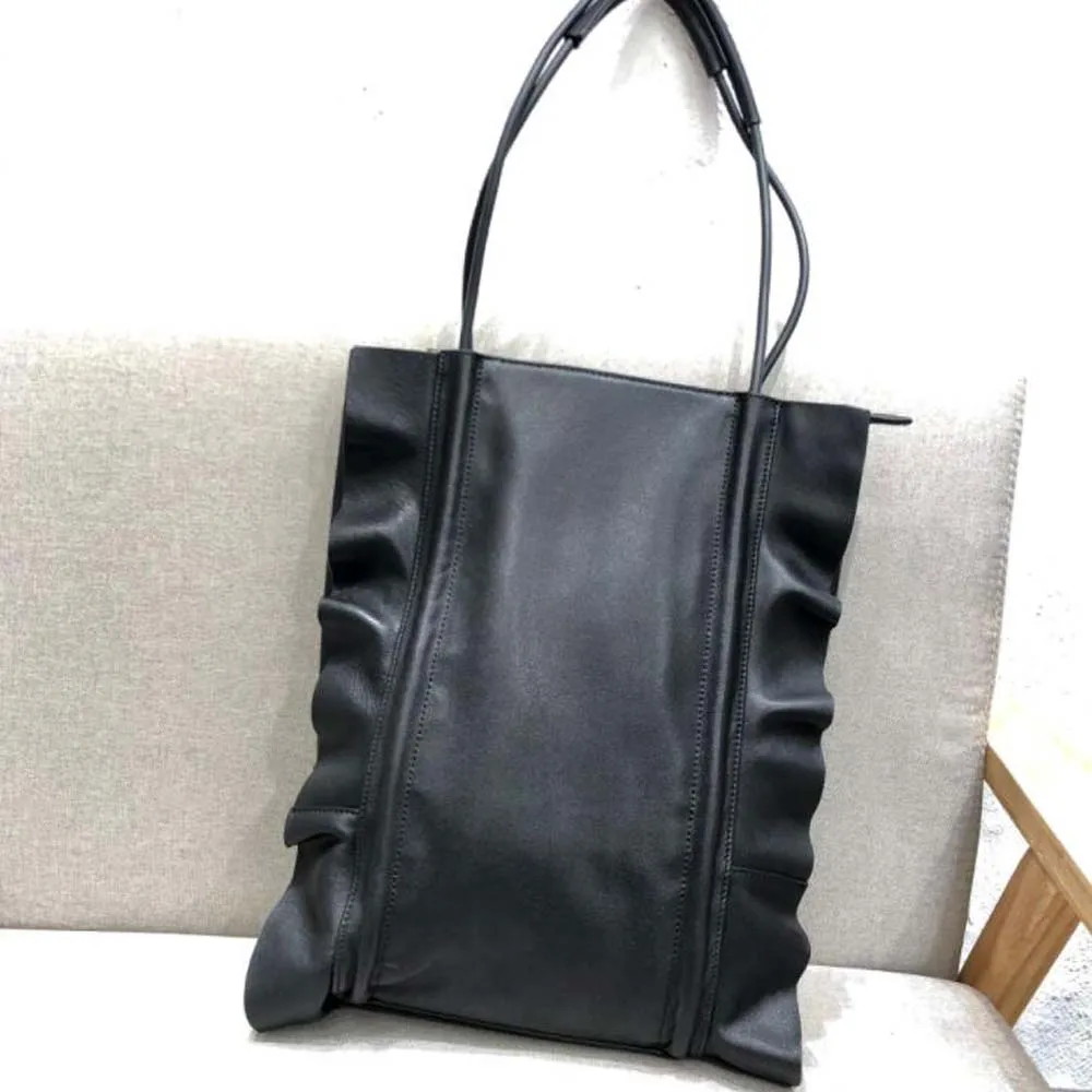 Women Genuine Leather Shoulder Bags Simple Special Design Manual Ruffle Edge Bucket Handbags Female Cowhide Bolsa Feminina Tote