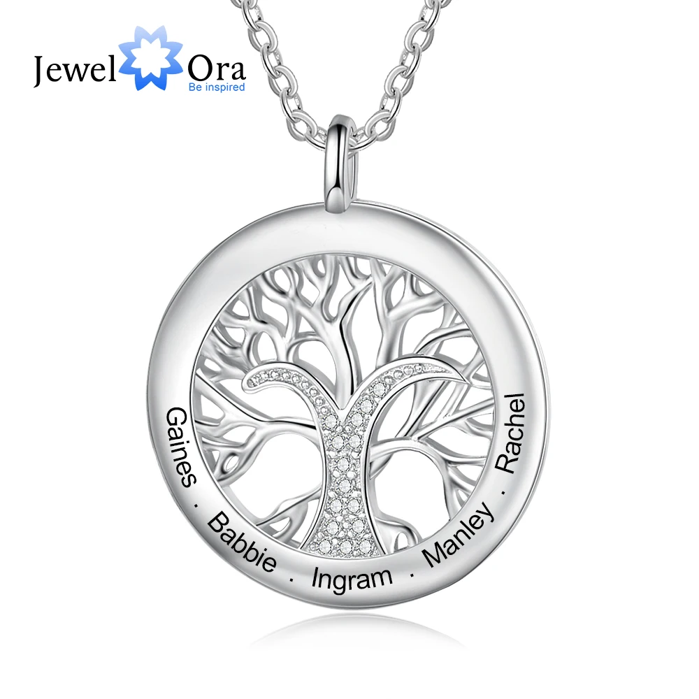 JewelOra Tree Of Life Personalized Necklaces Family Jewelry Sliver Color Necklace&Pendant for Women Engraved Names Memory Gifts