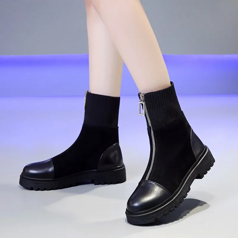 2020 Autumn Hot Women High Top Leather Ankle Boots Woman Shoes Casual Black Sock Platform Boots Female Fashion Lady Botas Mujer