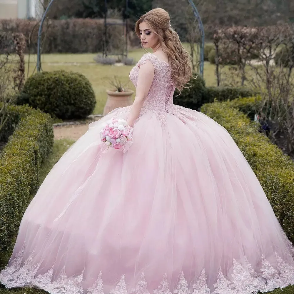 JaneVini-vestido de fiesta largo de quinceañera, elegante, rosa, cuello redondo, apliques, cuentas, tul, Princesa, baile de graduación, personalizado