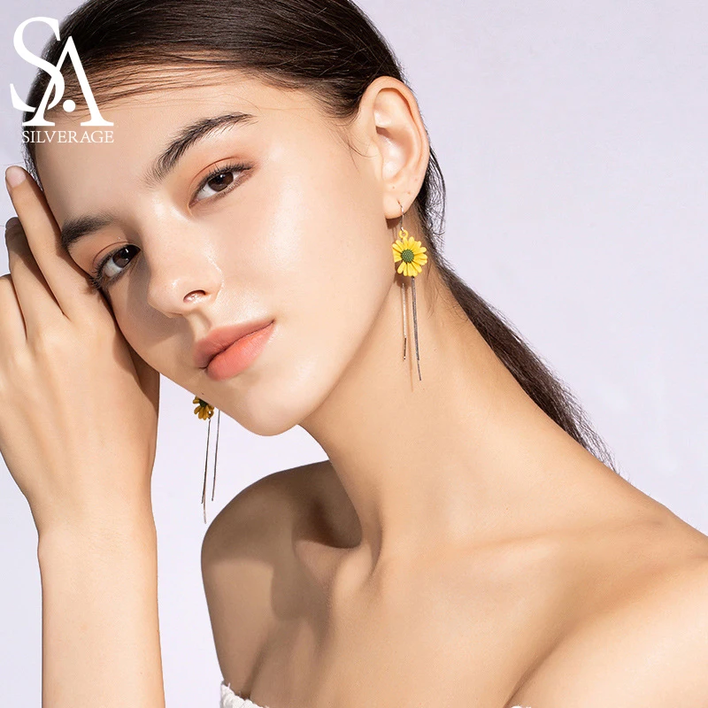 

SA SILVERAGE 2021 New Fashion Fresh and Versatile Long Tassel Earrings Daisy 925 Sterling Silver Earrings for Women