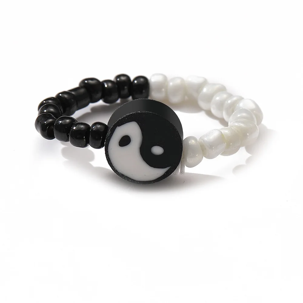 Yin Yang Resin Pearl Colorful Black White Tai Chi Color Contrast Bead Ring For Women Trendy Jewelry Personality Gift 2022 NEW