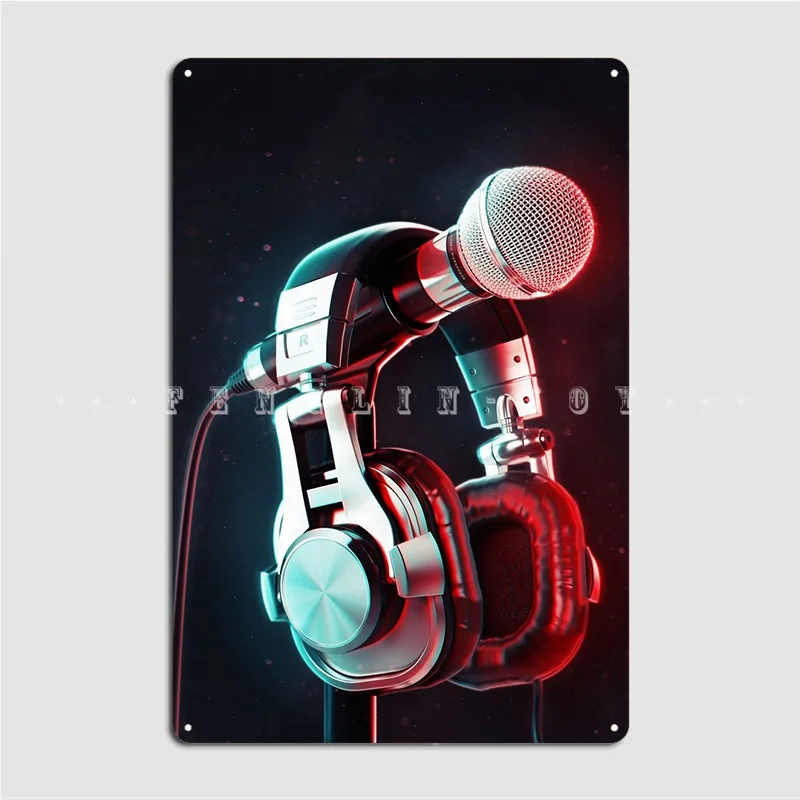 Neon Mic And Headphones Poster Metal Plaque Pub Living Room Customize Mural Painting Tin Sign Posters