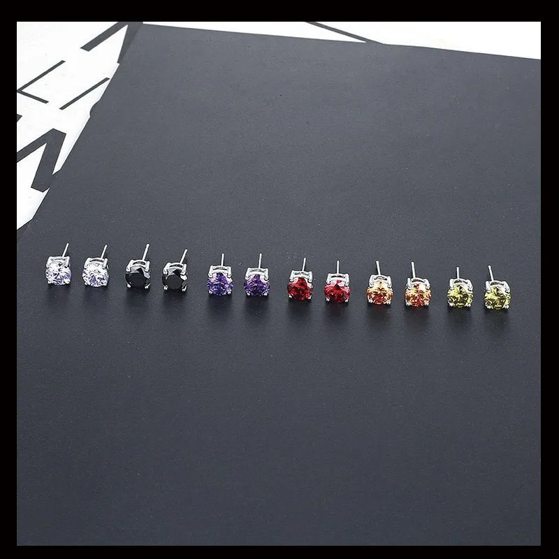 Wholesale Jewelry -- 4 Claws Single Round 14 colors choices 7 mm CZ Stud Earrings for Women Rose Gold Color AAA+ Cubic Zircon