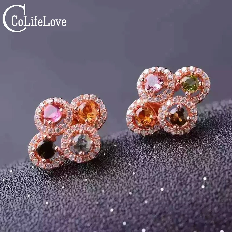 

Cute Colorful Stud Earings Natural Colorful Tourmaline Earrings Real 925 Solid Sterling Silver Stud Earrings for Woman Gift