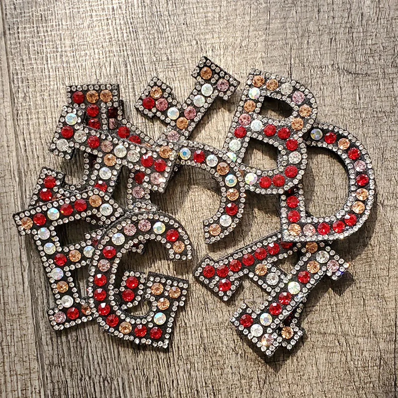 26 Alphabet Letters Red Mix Rhinestone Sew Iron On Patches Embroidery Badge For Clothes DIY Appliques Clothing Stripes Craft Diy