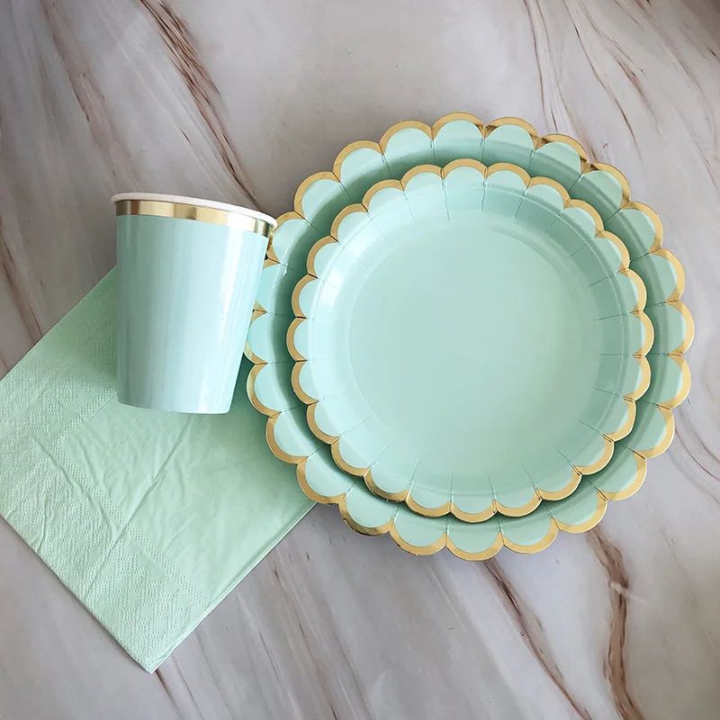 Mint Green Gold Striped Party Disposable Tableware Napkins Paper Straw Cup Plates Birthday Wedding Decoration Party Supplies