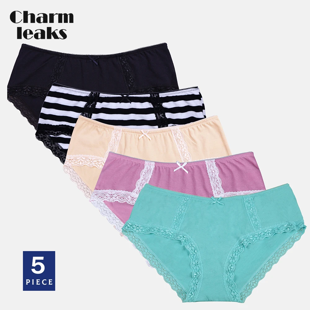 

Charmleaks Women Panties Set Cotton Lace Briefs for Ladies Mid-waist Sexy Skin-Friendly Ladies Underpants Breathable 5PCS