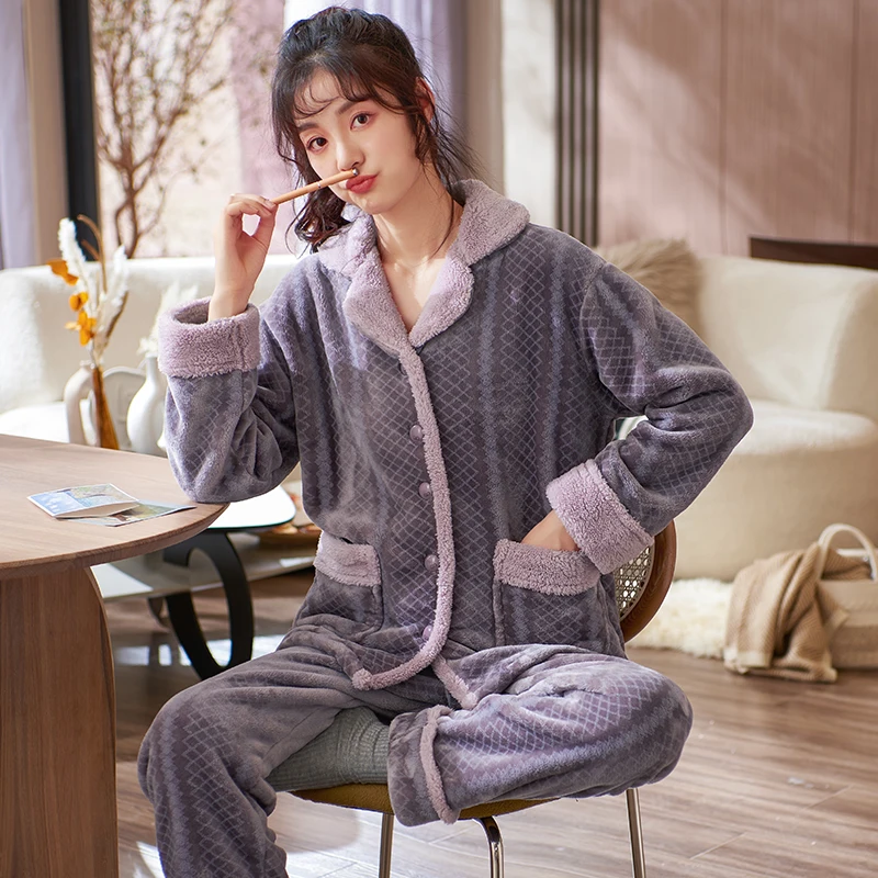 Vrouwen Pyjama Set Splicing Pyjama Flanel Vest Homewear Herfst Winter Houden Warme Fleece Pijamas Mujer Elegante Nachtkleding Pak