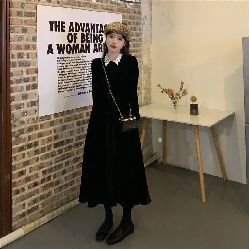 Dresses Women Long Sleeve Button Spring Ladies Retro Warm All-match Korean Style Fashionable Students New Solid Mujer Vestdios