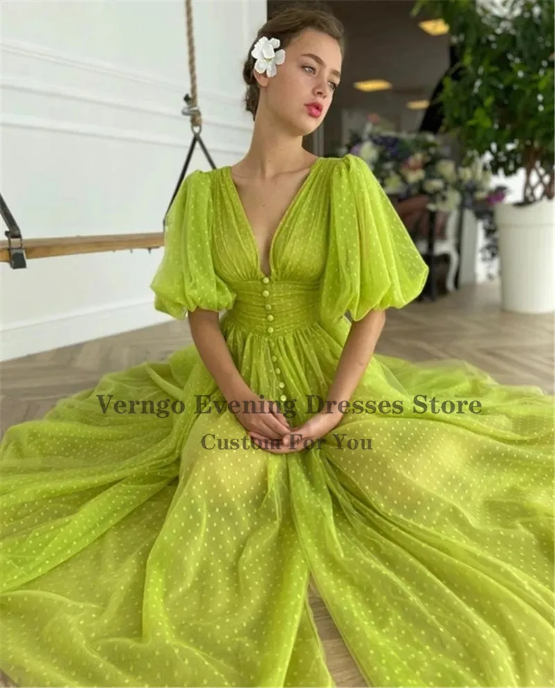 Verngo-Robe de Bal Vert Citron Brcorporelle, Tulle Jolie tillé, Longueur Thé, avec Corset Boutonné, Manches Bouffantes, Zones Ecoming, ixFormelle, Quelle que soit