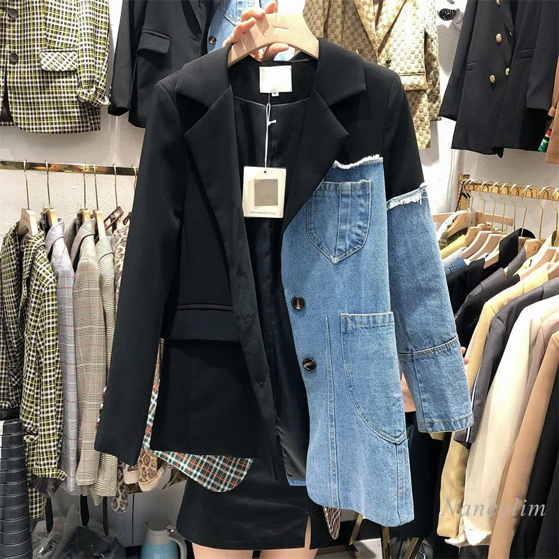 

New Loose Suit Patchwork Denim Jacket Women Nice Irregular Worn Coat Lady Streetwear Pop Spring and Autumn